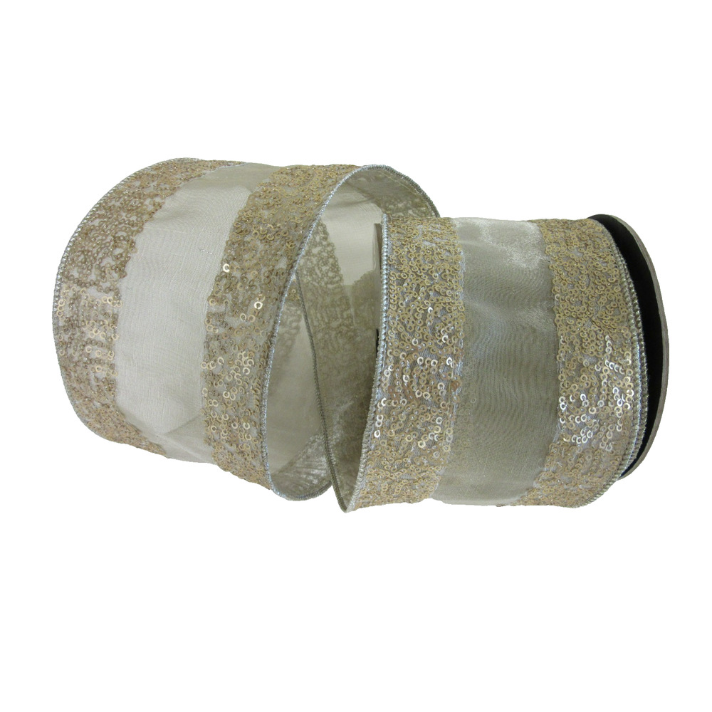 Sheer Platinum Embellished with Sequins d. stevens 4" x 10 yds wire edge ribbon